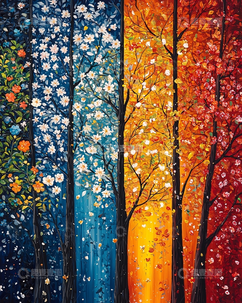 高清大图下载【趣麦麦图】四季树木油画