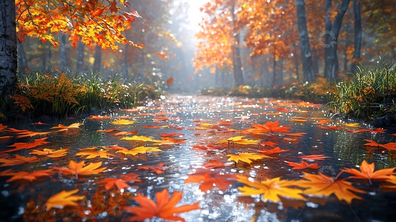高清大图下载【趣麦麦图】秋雨落叶小溪