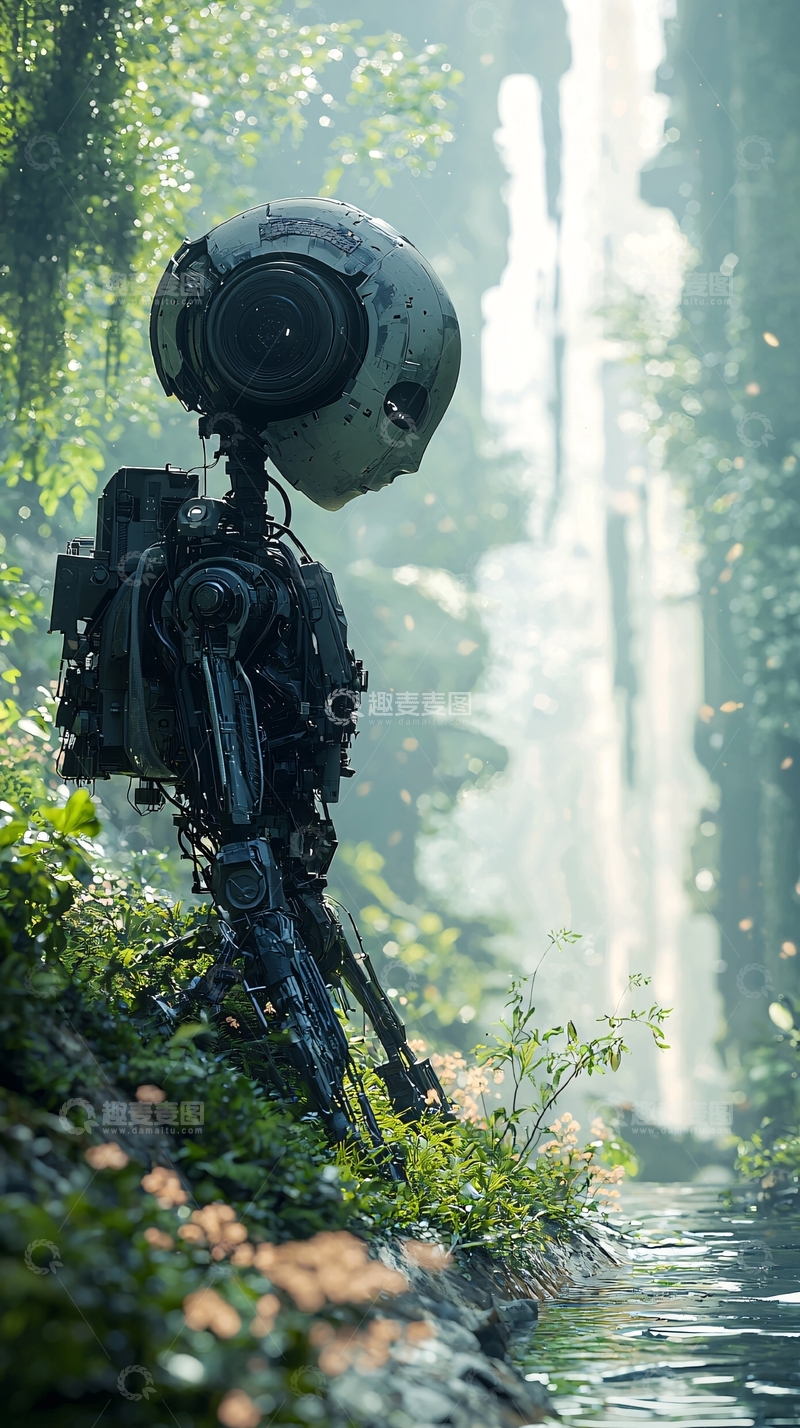 高清大图下载【趣麦麦图】森林瀑布机器人