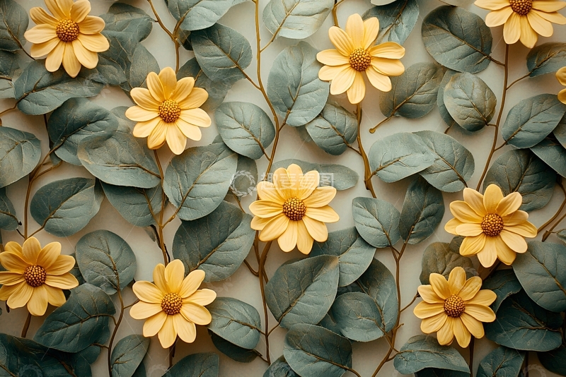 高清大图下载【趣麦麦图】淡黄色小花与灰绿色叶子