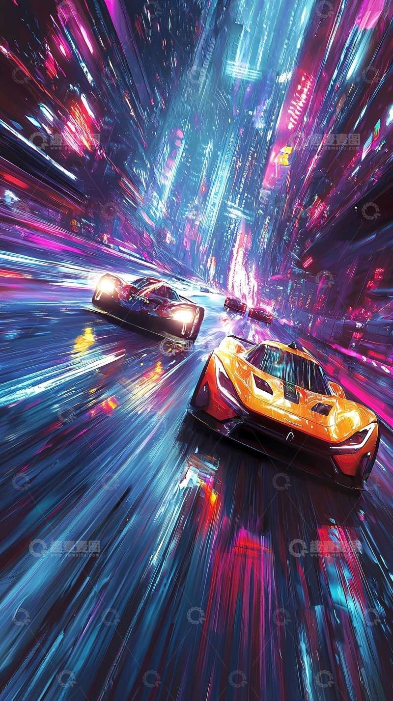 高清大图下载【趣麦麦图】-赛博朋克风格赛车夜景