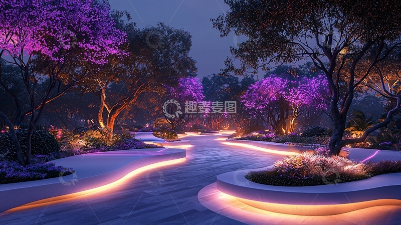 高清大图下载【趣麦麦图】夜晚灯光花园小径