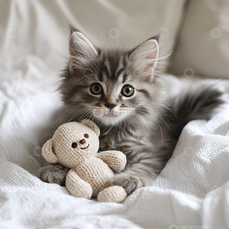 高清大图下载【趣麦麦图】小猫抱着毛绒玩具