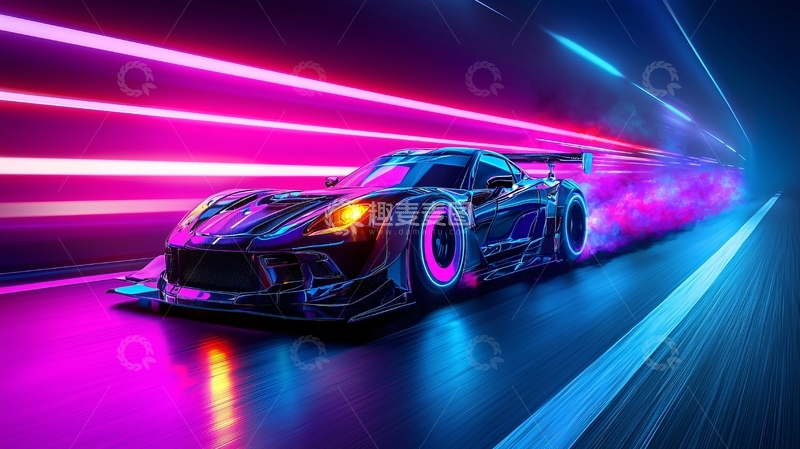 高清大图下载【趣麦麦图】炫酷跑车霓虹灯隧道