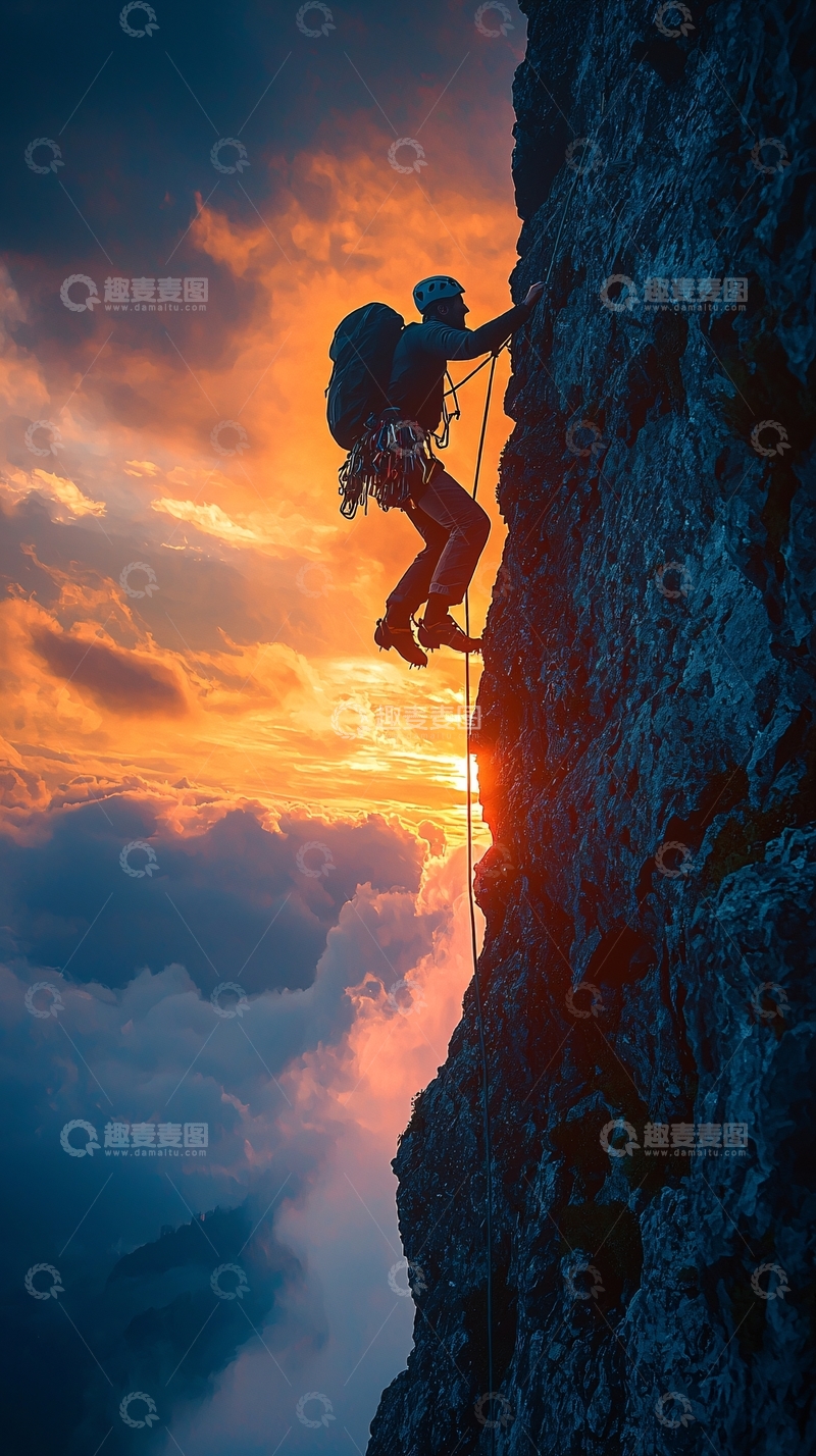 高清大图下载【趣麦麦图】日落岩壁攀登者剪影
