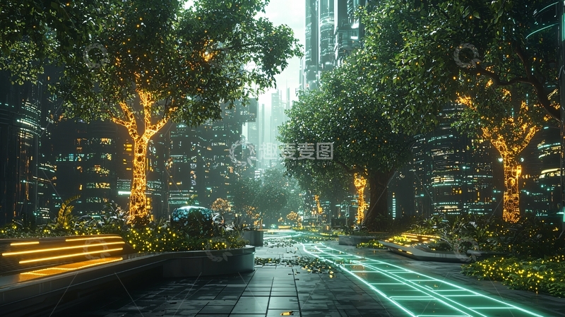 高清大图下载【趣麦麦图】雨中未来都市街道绿树