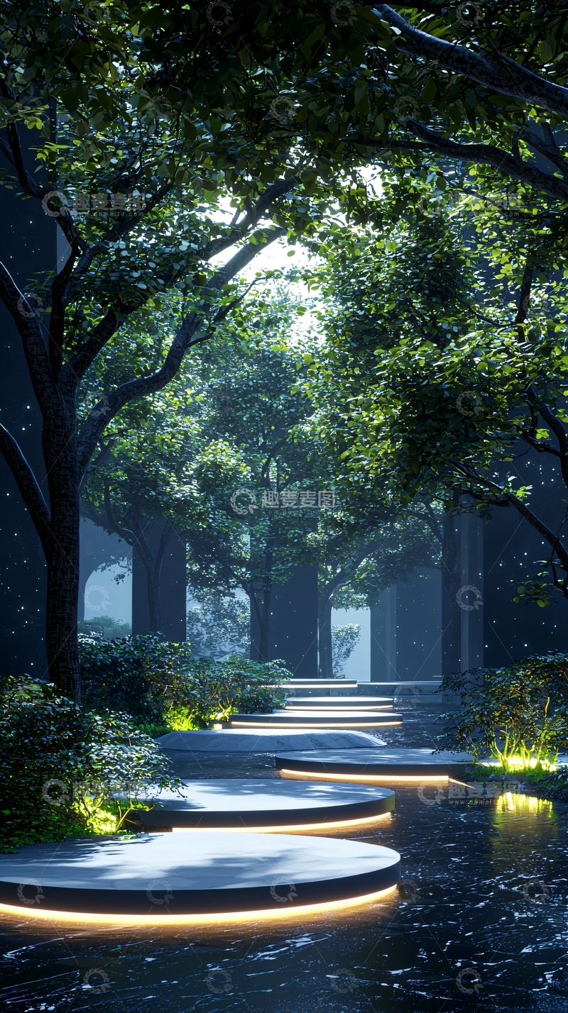 高清大图下载【趣麦麦图】绿树成荫的夜晚小路