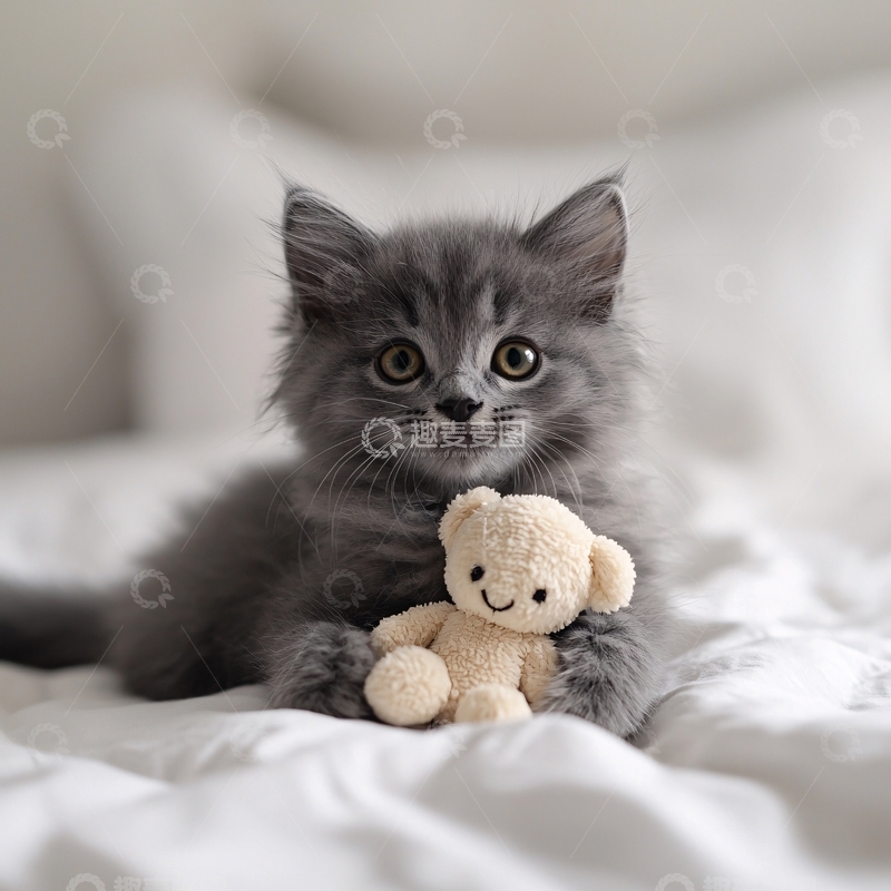 高清大图下载【趣麦麦图】可爱小灰猫抱泰迪熊