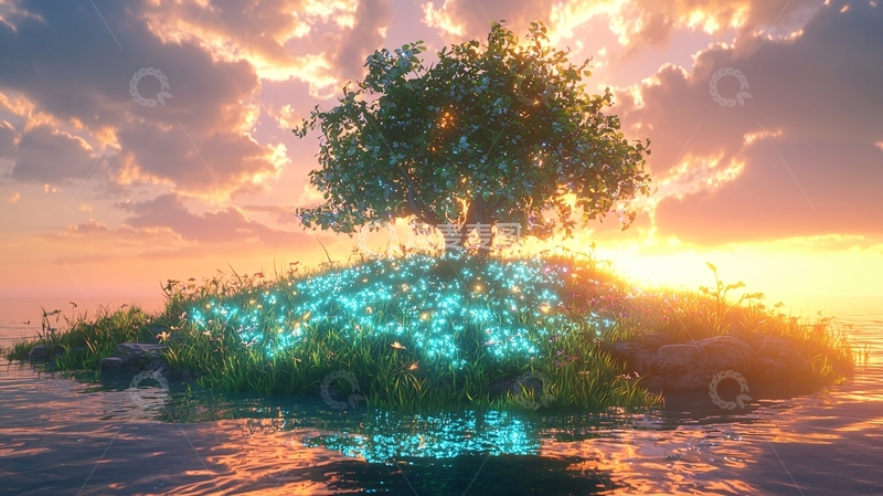 高清大图下载【趣麦麦图】孤岛上的发光树