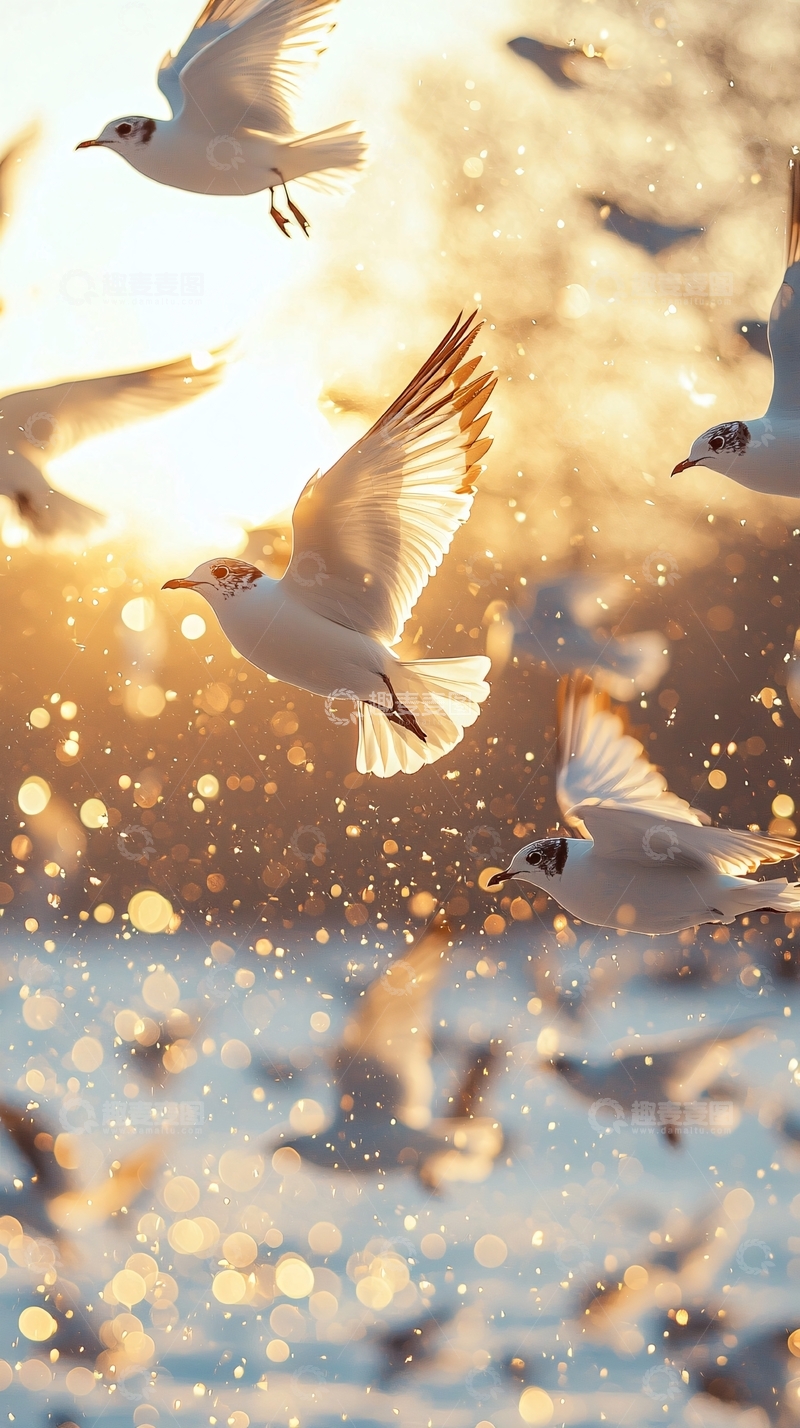 高清大图下载【趣麦麦图】夕阳下飞翔的海鸥