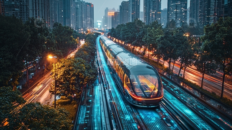高清大图下载【趣麦麦图】夜景城市轻轨列车