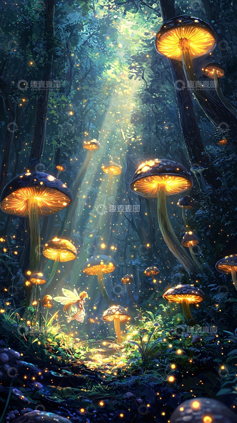 高清大图下载【趣麦麦图】梦幻森林发光蘑菇仙子