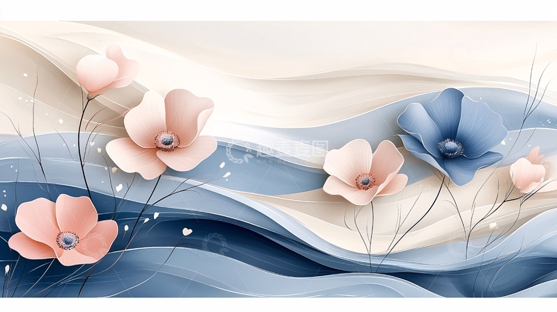 高清大图下载【趣麦麦图】轻柔粉色蓝色花朵波浪背景图