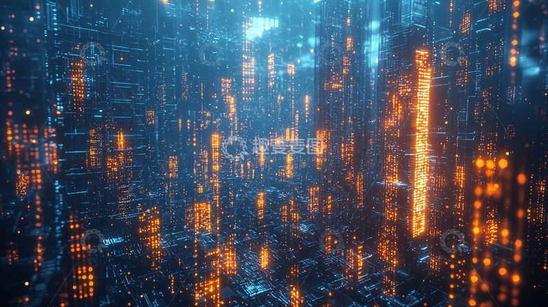 高清大图下载【趣麦麦图】蓝橙色数字科技未来城市