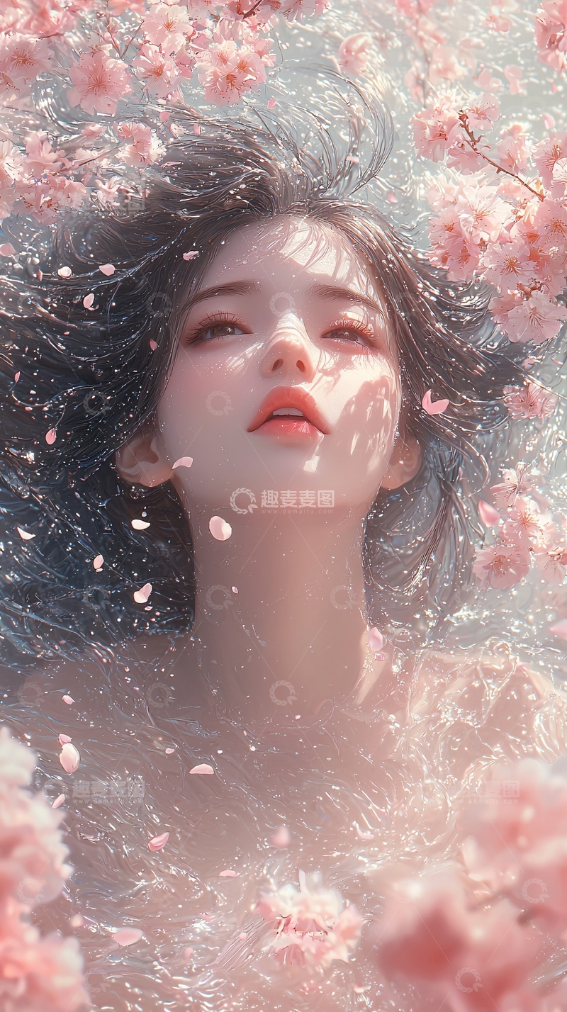 高清大图下载【趣麦麦图】樱花雨中少女