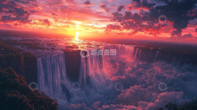 高清大图下载【趣麦麦图】壮丽的日落瀑布景观