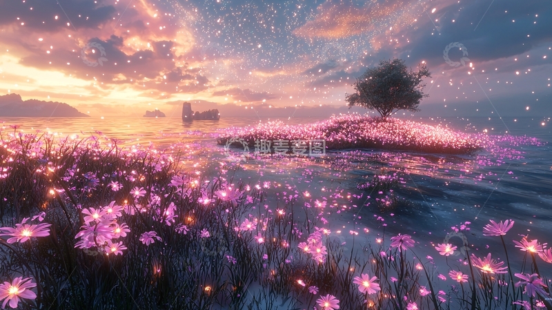 高清大图下载【趣麦麦图】梦幻星空下的粉色花海
