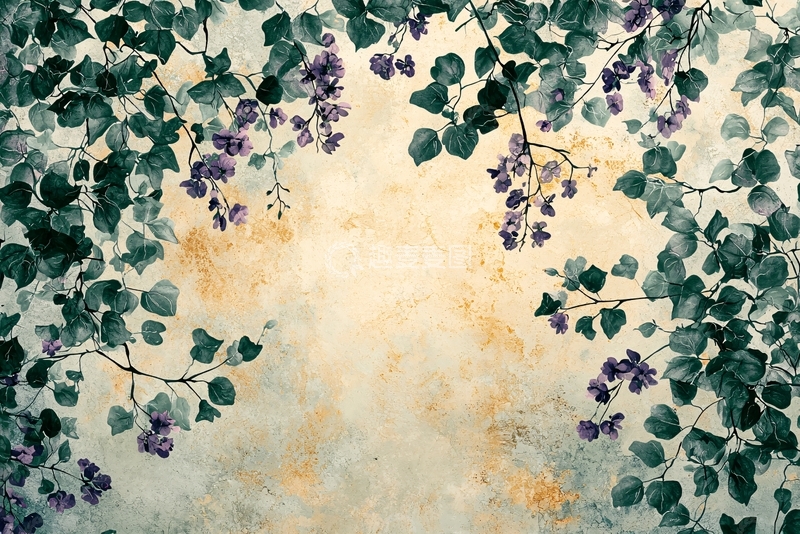 高清大图下载【趣麦麦图】绿叶紫花藤蔓背景图