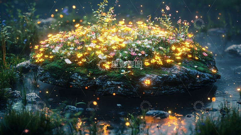 高清大图下载【趣麦麦图】萤火虫环绕的石头花丛