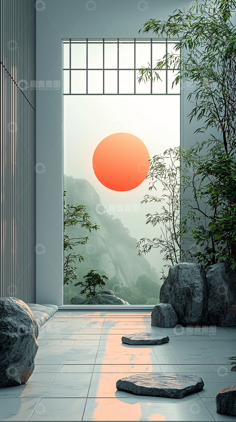 高清大图下载【趣麦麦图】极简日式庭院清晨景色