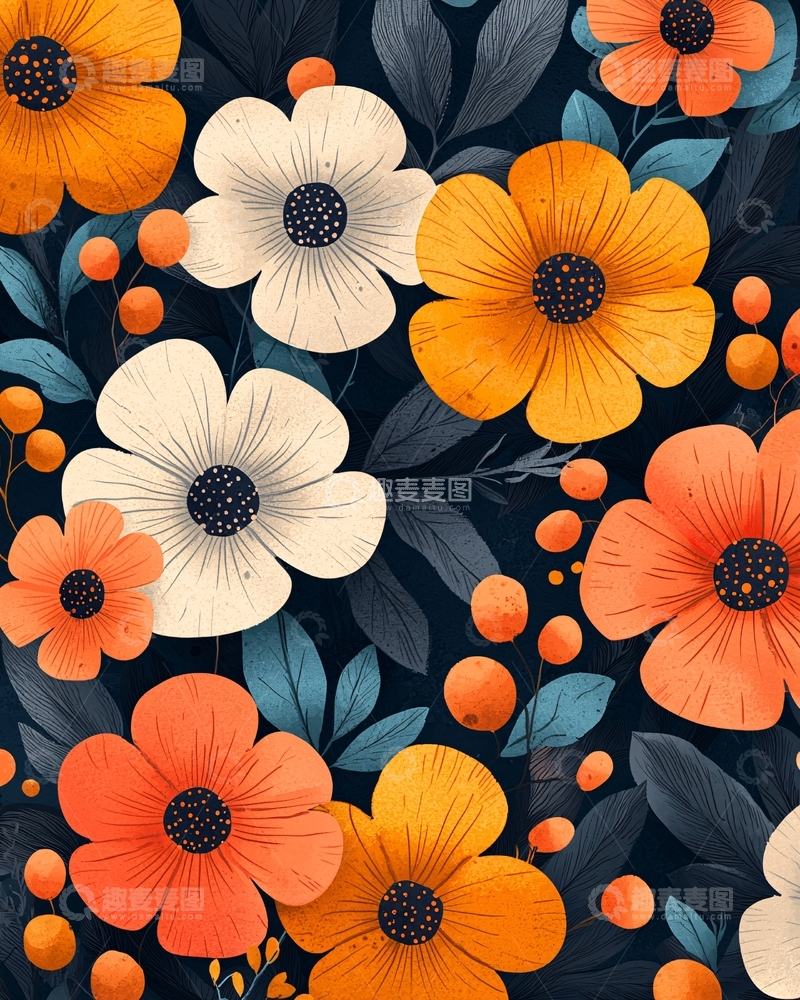 高清大图下载【趣麦麦图】鲜艳花朵的复古背景