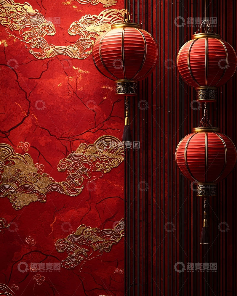 高清大图下载【趣麦麦图】红墙金纹中式灯笼