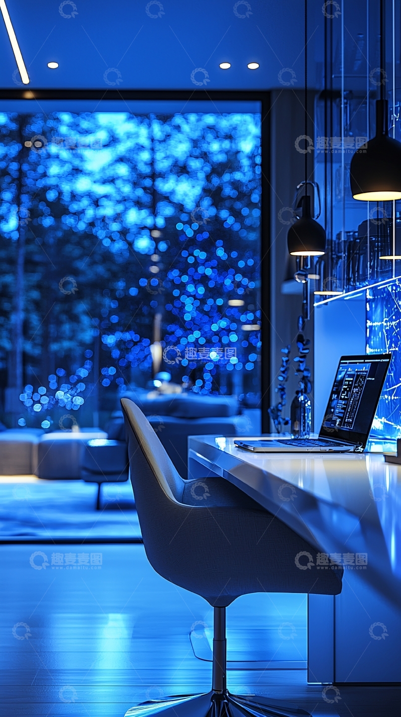 高清大图下载【趣麦麦图】蓝色灯光下的现代化书房