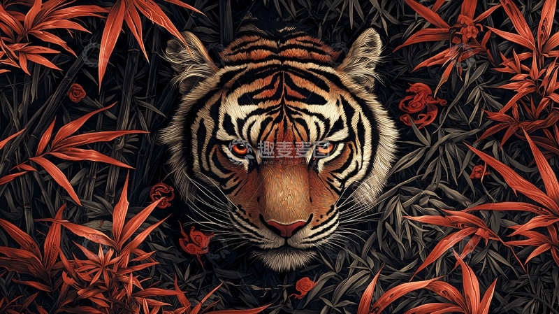 高清大图下载【趣麦麦图】老虎藏在红色树叶中