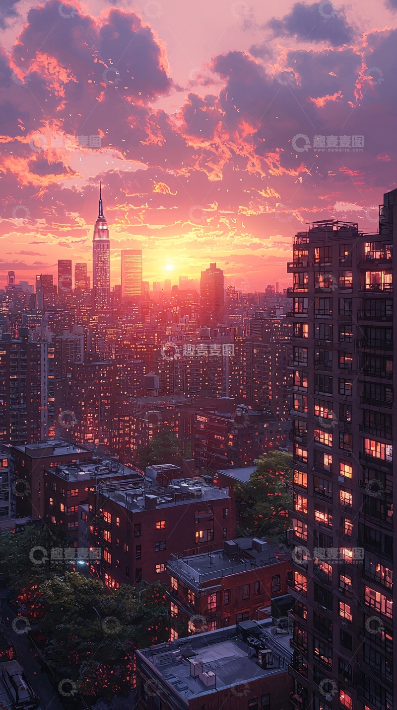 高清大图下载【趣麦麦图】纽约日落城市剪影