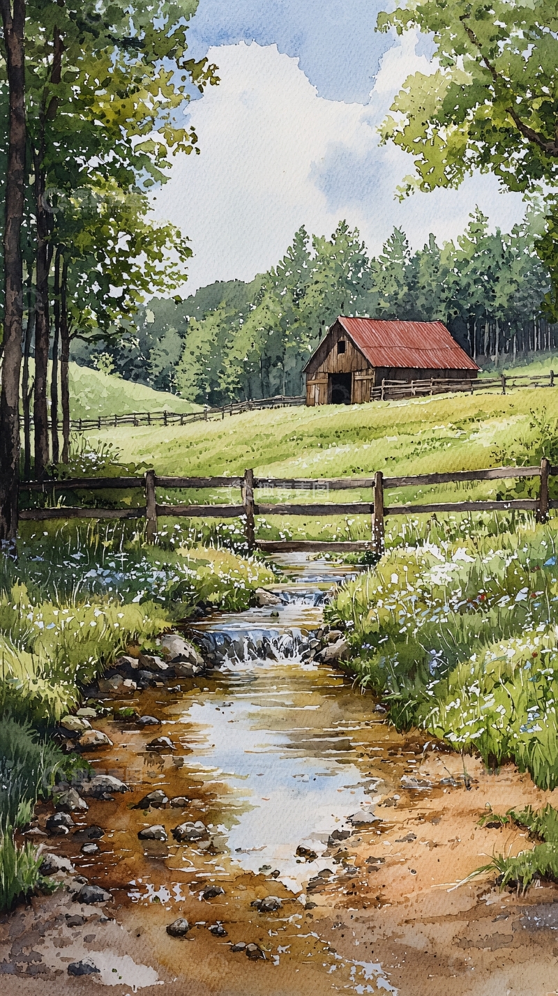 高清大图下载【趣麦麦图】田园风光水彩画