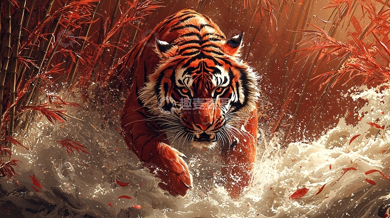 高清大图下载【趣麦麦图】红叶丛中奔腾的老虎