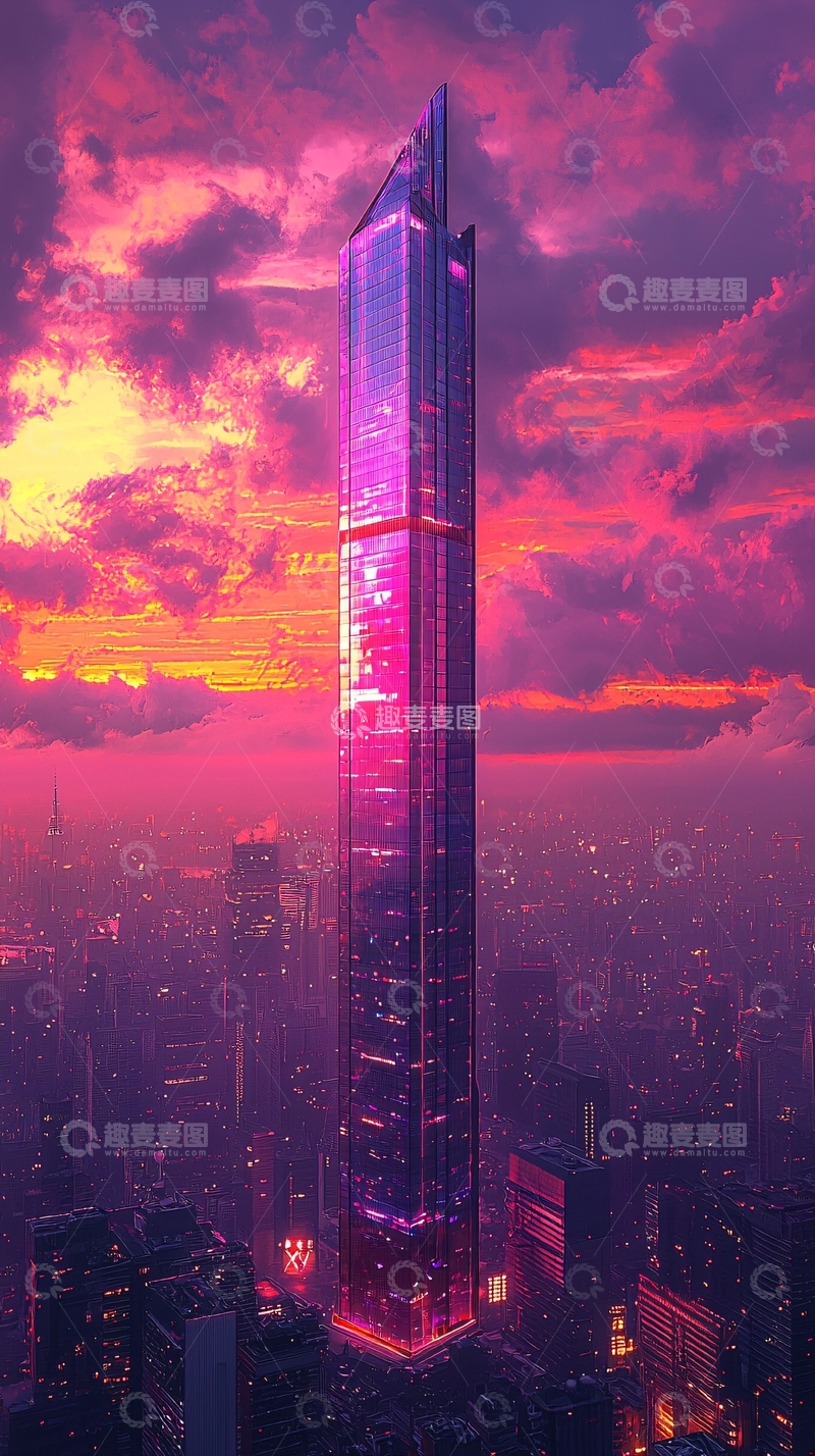 高清大图下载【趣麦麦图】梦幻紫色都市摩天大楼