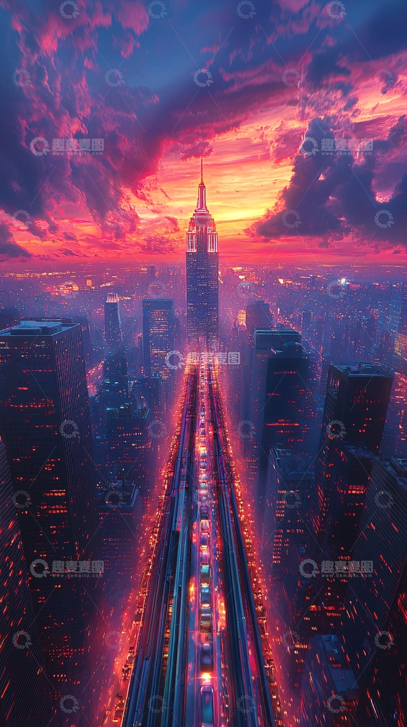 高清大图下载【趣麦麦图】纽约帝国大厦日落