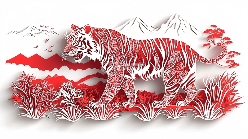 高清大图下载【趣麦麦图】红色剪纸老虎