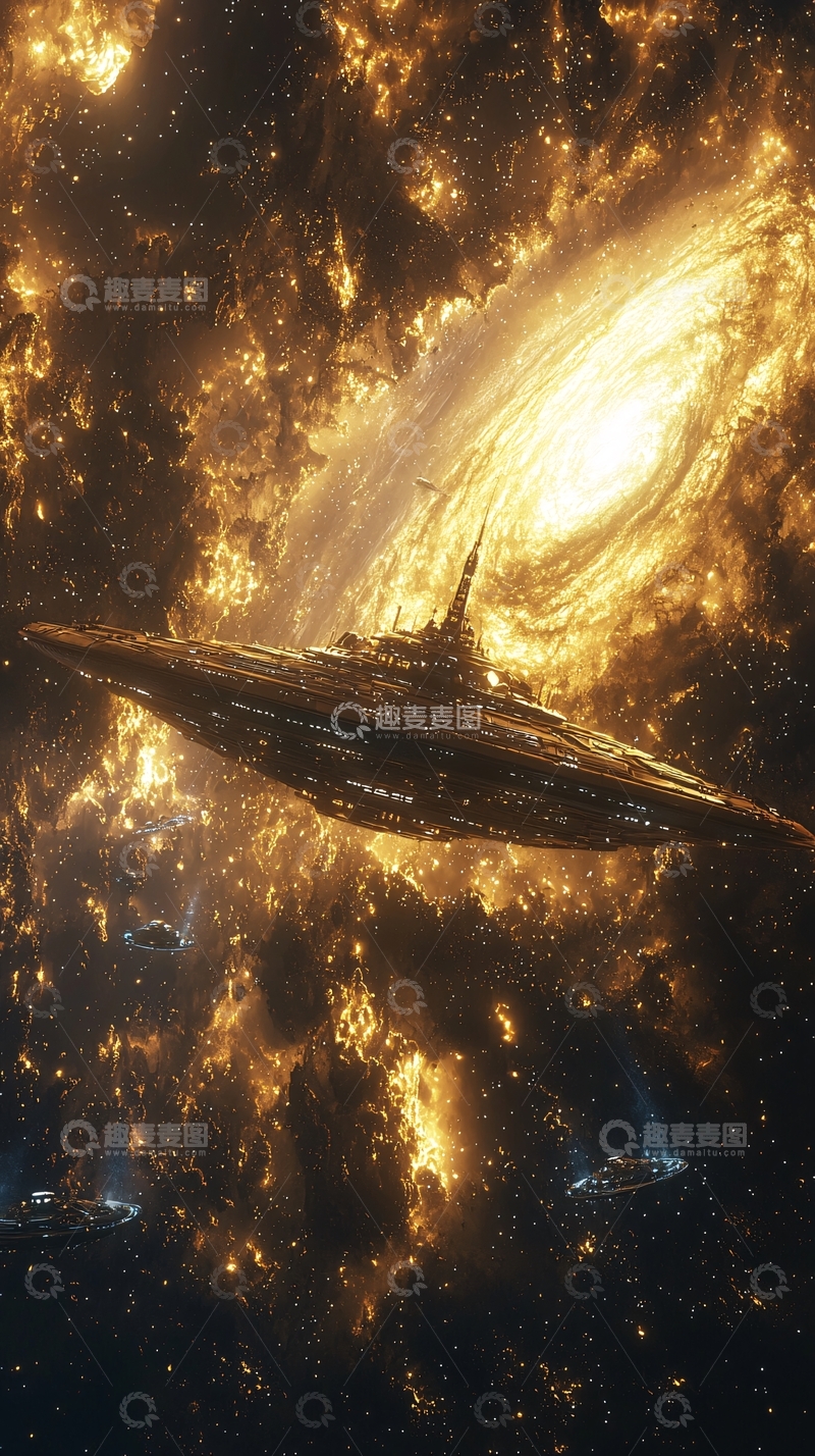 高清大图下载【趣麦麦图】宇宙飞船穿越金色星云