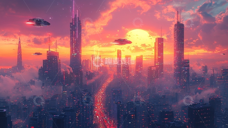 高清大图下载【趣麦麦图】未来都市日落