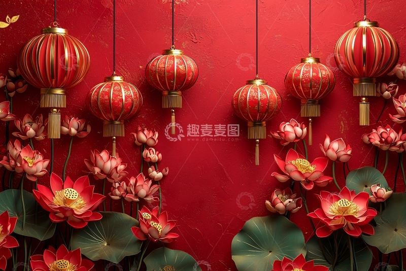 高清大图下载【趣麦麦图】红色喜庆灯笼花卉背景