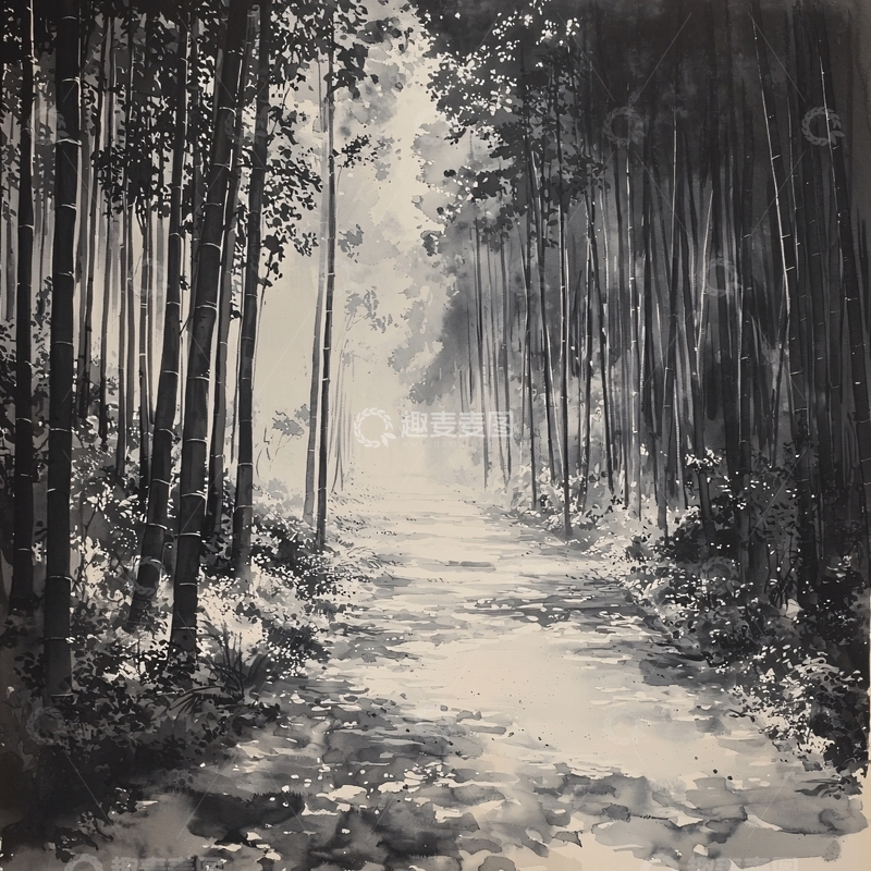 高清大图下载【趣麦麦图】水墨画森林小路