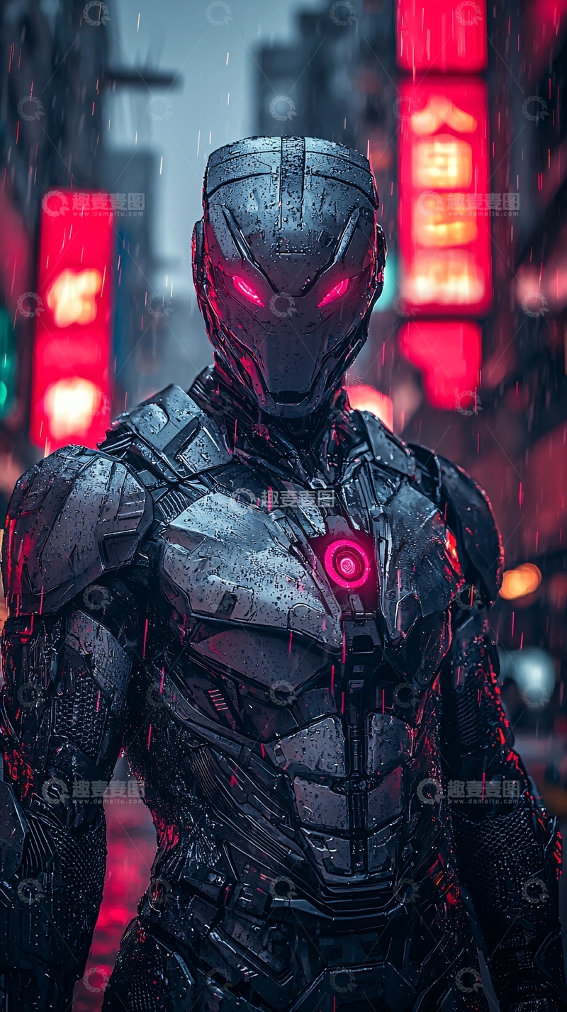 高清大图下载【趣麦麦图】雨中科幻机甲战士