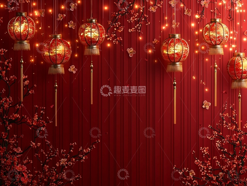 高清大图下载【趣麦麦图】红色灯笼和梅花背景