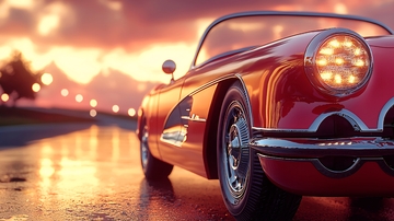 夕阳下红色的老爷车