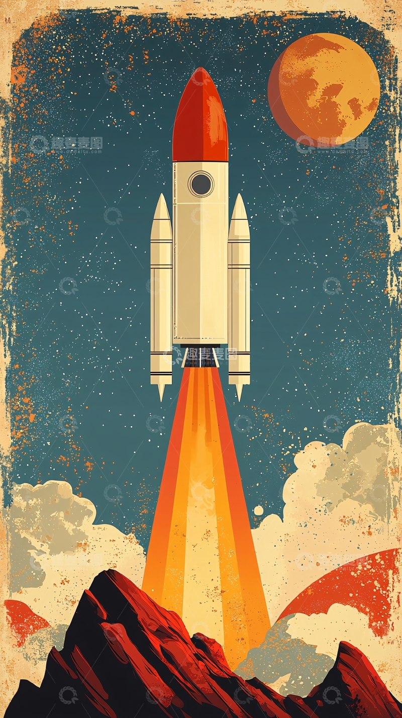 高清大图下载【趣麦麦图】复古太空火箭发射