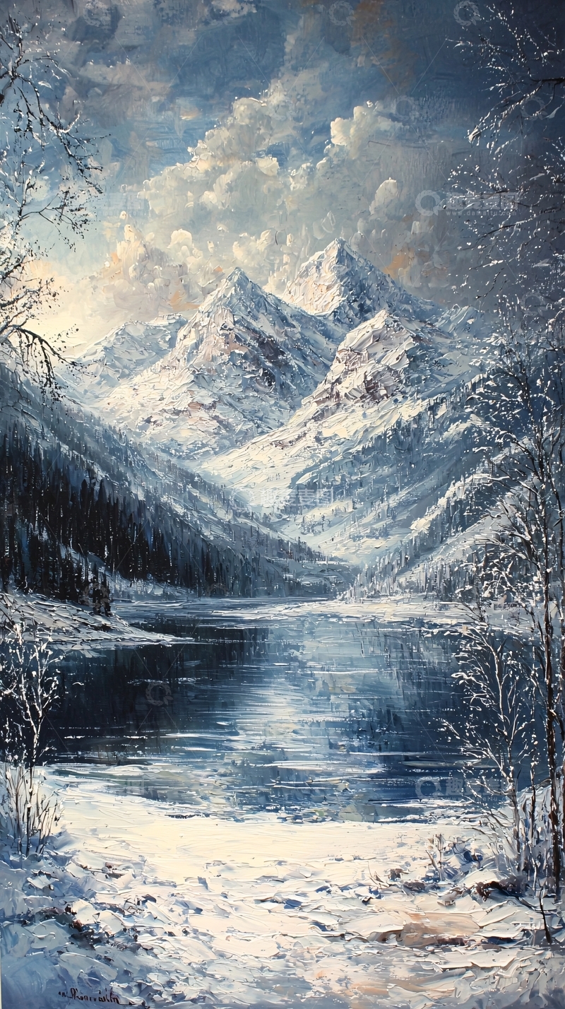 高清大图下载【趣麦麦图】冰雪覆盖的山脉湖泊风景画