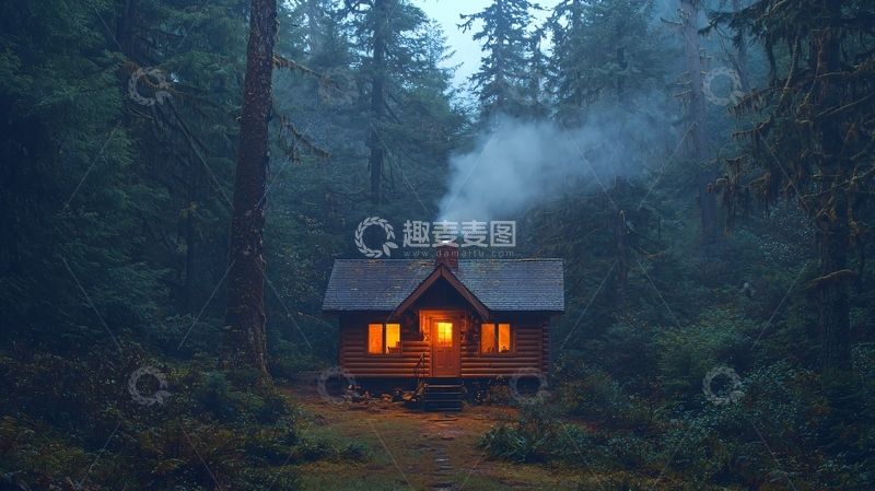 高清大图下载【趣麦麦图】雾气森林小屋