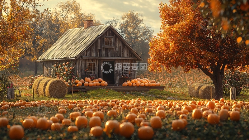 高清大图下载【趣麦麦图】秋日南瓜田里的小木屋