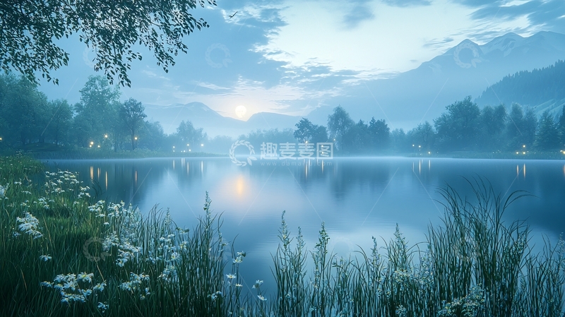 高清大图下载【趣麦麦图】宁静祥和的湖边清晨
