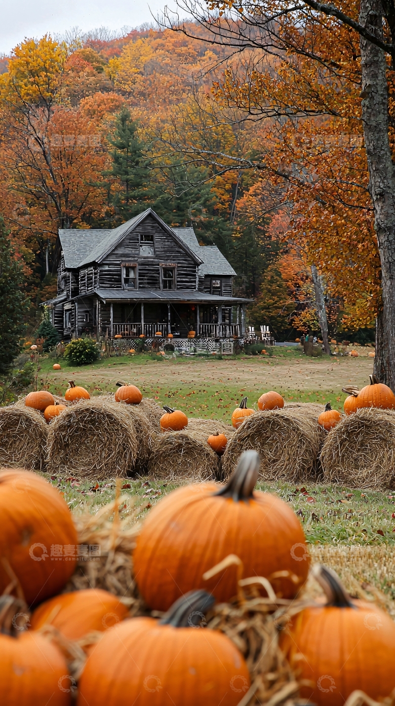 高清大图下载【趣麦麦图】秋日农场小屋南瓜景色