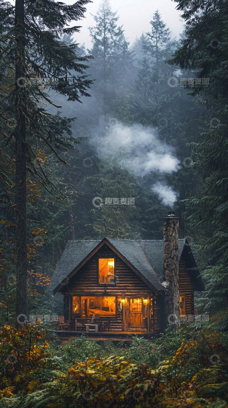 高清大图下载【趣麦麦图】雾气森林中的木屋