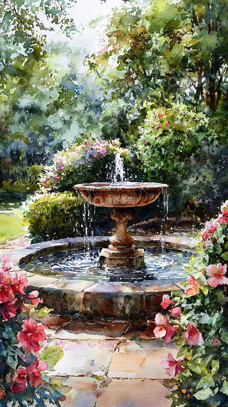 高清大图下载【趣麦麦图】水彩画花园喷泉