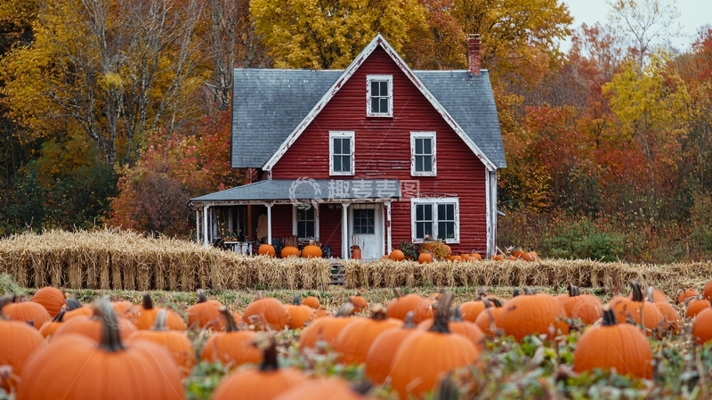 高清大图下载【趣麦麦图】秋季红房子南瓜田